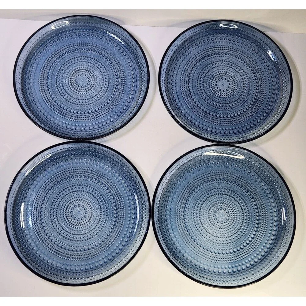 Set of 4 Iittala Kastehelmi Blue Rain Plates Oiva Toikka 9 5/8
